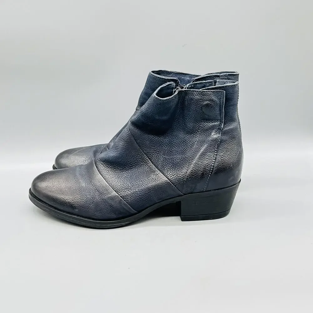 Miz Mooz Boots Womens 7.5 Blue Leather Ankle Zip Low Block Heel Booties Shoes